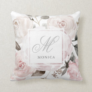  Blush Roze Waterverf Rozen   Monogram Kussen