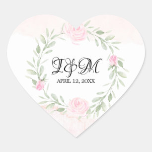 Blush Roze Waterverf Rozen Monogrammed Bruiloft Hart Sticker