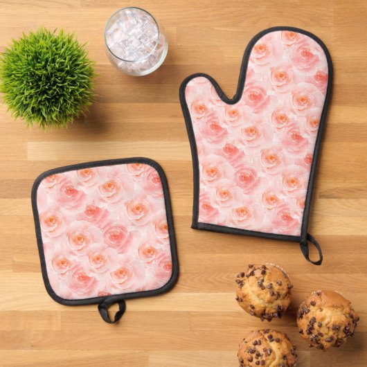 Blush Roze Waterverf Rozen Ovenwant & Pannenlap Set (Top down)