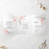 Blush roze Waterverf Rozen Sage Green Leaves Drieluik Uitnodiging (Binnen)