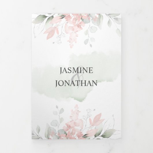 Blush roze Waterverf Rozen Sage Green Leaves Drieluik Uitnodiging (Cover)