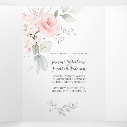 Blush roze Waterverf Rozen Sage Green Leaves Drieluik Uitnodiging (Binnenkant midden)