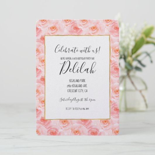  Blush Roze Waterverf Rozen Verjaardag Kaart (Staand voorkant)