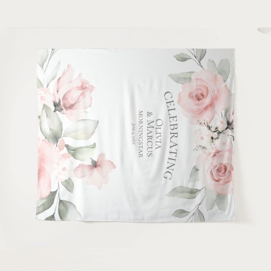 Blush roze Waterverf Rozen Weddenschap Wandkleed (Voorkant (horizontaal))