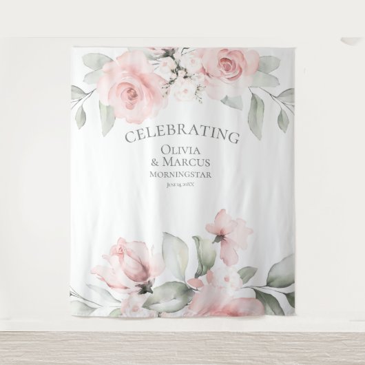 Blush roze Waterverf Rozen Weddenschap Wandkleed (Voorkant)