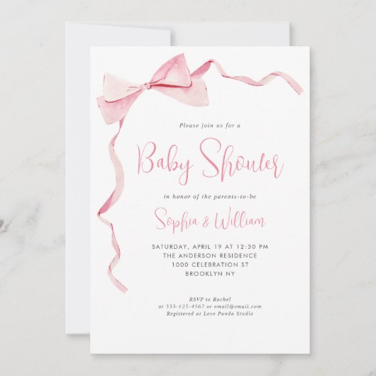 Blush roze Waterverf strik lint meisje Baby shower Kaart (Voorkant)