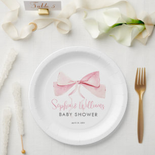 Blush roze Waterverf strik lint meisje Baby shower Papieren Bordje