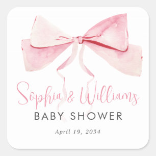 Blush roze Waterverf strik lint meisje Baby shower Vierkante Sticker