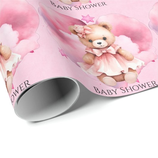 Blush Roze Waterverf Teddy Bear Meisje Baby shower Cadeaupapier (Rol Hoek)
