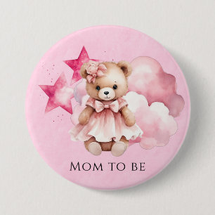 Blush Roze Waterverf Teddy Bear Meisje Baby shower Ronde Button 7,6 Cm