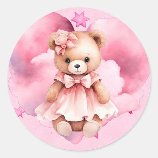 Blush Roze Waterverf Teddy Bear Meisje Baby shower Ronde Sticker (Voorkant)