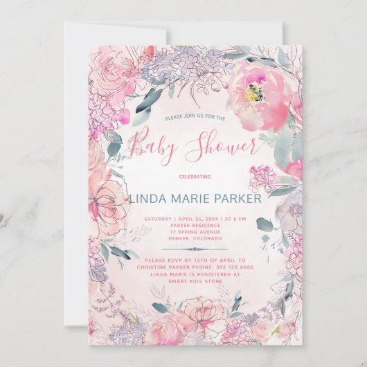 Blush roze waterverf tuin rozen baby shower kaart (Voorkant)