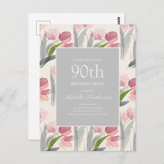 Blush roze Waterverf Tulps crème White 90th Briefkaart (Voorkant / Achterkant)