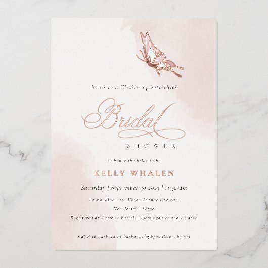 Blush Roze Waterverf Vlinder Vrijgezellenfeest Folie Uitnodiging (Voorkant)