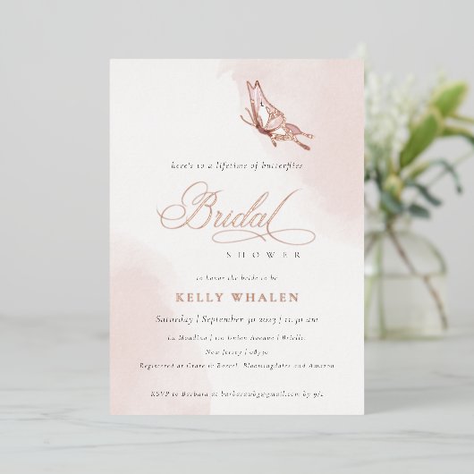 Blush Roze Waterverf Vlinder Vrijgezellenfeest Folie Uitnodiging (Staand Voorkant)