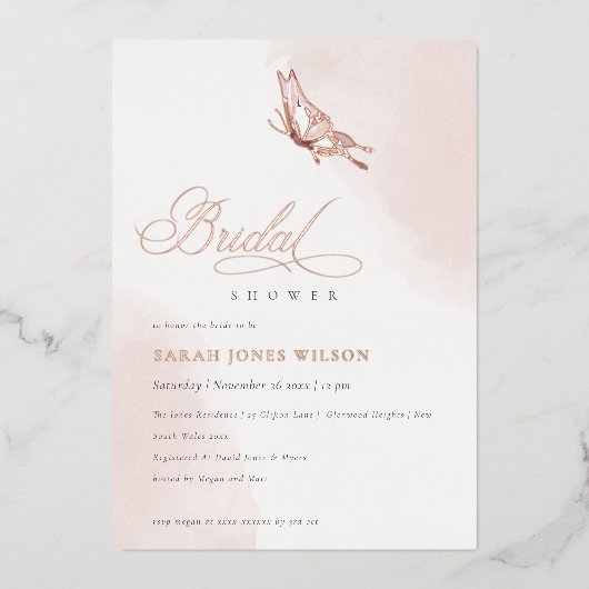 Blush Roze Waterverf Vlinder Vrijgezellenfeest Folie Uitnodiging (Voorkant)