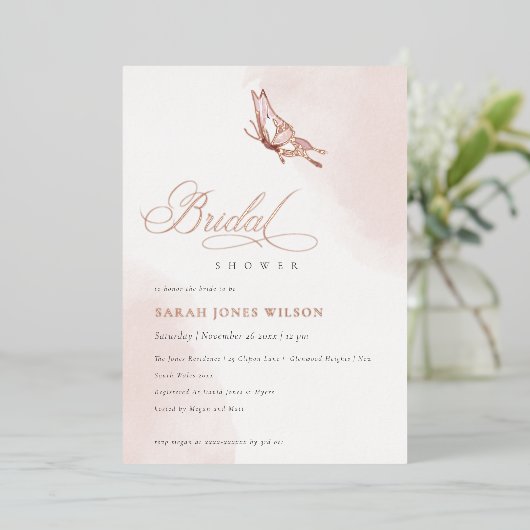 Blush Roze Waterverf Vlinder Vrijgezellenfeest Folie Uitnodiging (Staand Voorkant)