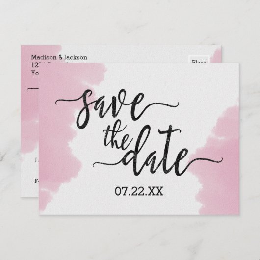 Blush roze Waterverf Weddenschap Opslaan Datum Aankondigingskaart (Voorkant / Achterkant)