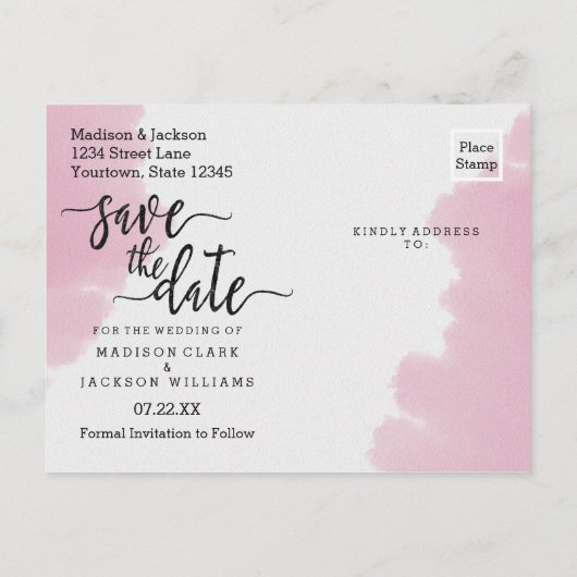Blush roze Waterverf Weddenschap Opslaan Datum Aankondigingskaart (Achterkant)