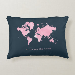 Blush roze Waterverf Wereldkaart op Navy Blue Accent Kussen