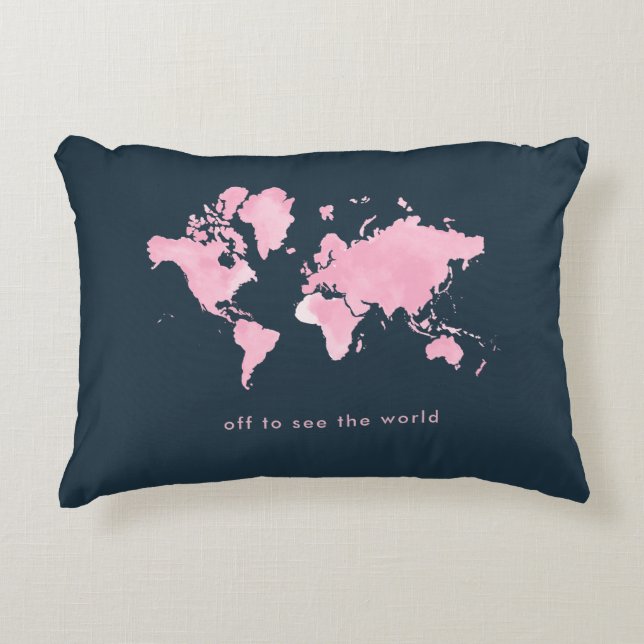 Blush roze Waterverf Wereldkaart op Navy Blue Accent Kussen (Voorkant)