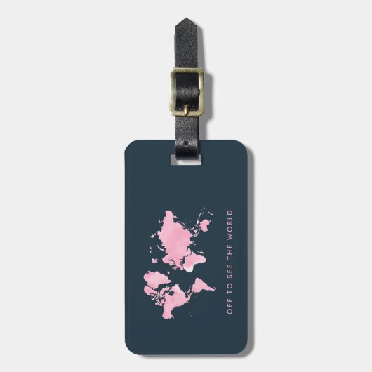 Blush roze Waterverf Wereldkaart op Navy Blue Bagagelabel (Voorkant verticaal)