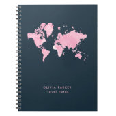 Blush roze Waterverf Wereldkaart op Navy Blue Notitieboek (Voorkant)