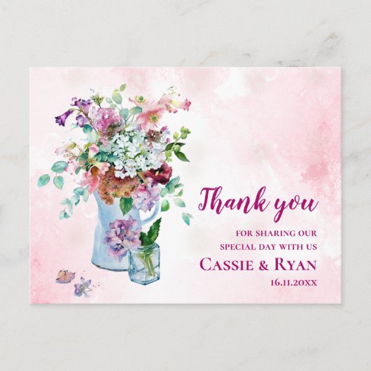 Blush Roze Waterverf Wildflower Wedding Bedankt Briefkaart (Voorkant)