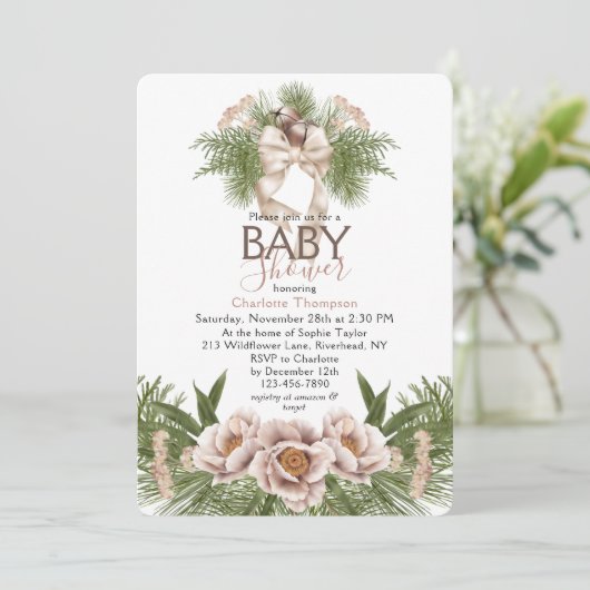 Blush Roze Waterverf Winter Floral Baby shower Kaart (Staand voorkant)