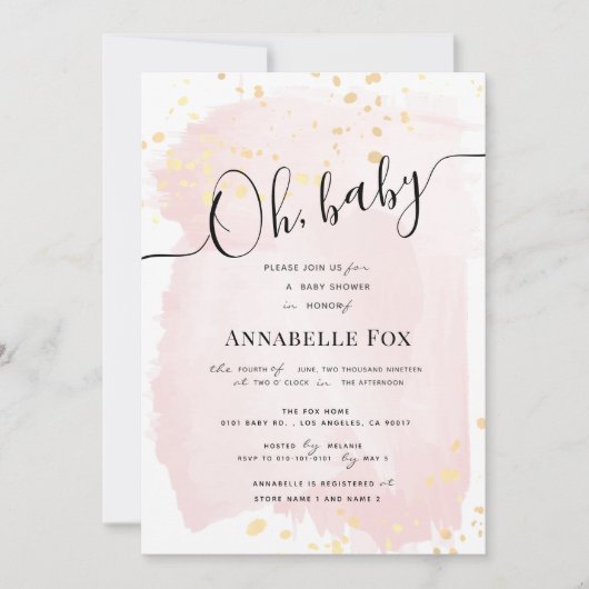 Blush Roze Waterverf x Gouden Spletters Baby showe Kaart (Voorkant)