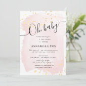 Blush Roze Waterverf x Gouden Spletters Baby showe Kaart (Staand voorkant)