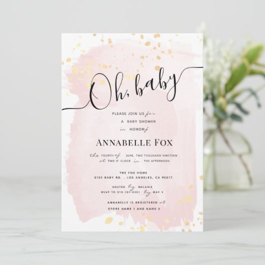 Blush Roze Waterverf x Gouden Spletters Baby showe Kaart (Staand voorkant)