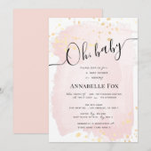 Blush Roze Waterverf x Gouden Spletters Baby showe Kaart (Voorkant / Achterkant)