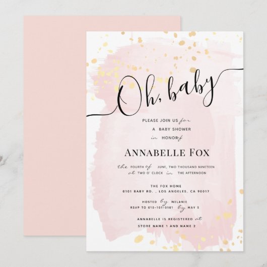 Blush Roze Waterverf x Gouden Spletters Baby showe Kaart (Voorkant / Achterkant)