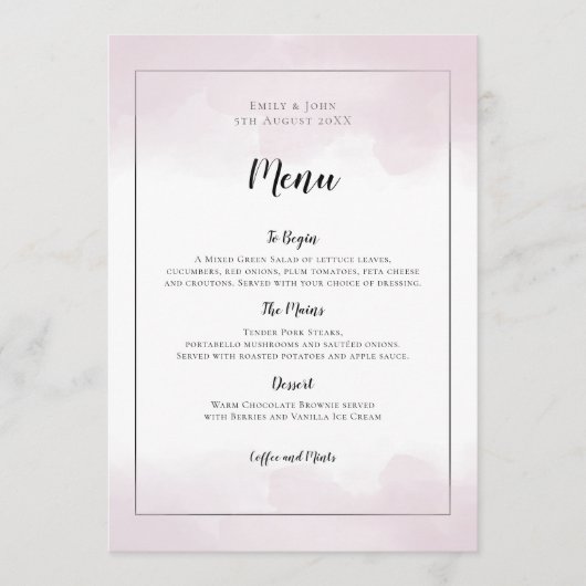 Blush Roze Waterverven Zwart Script Bruiloft Menu (Voorkant)
