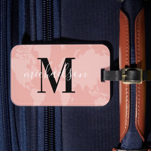 Blush Roze Wereldkaart Script Monogram Bagagelabel (Voorkant Insitu 4)