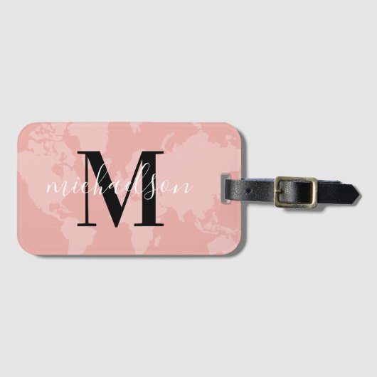 Blush Roze Wereldkaart Script Monogram Bagagelabel (Voorkant (horizontaal))