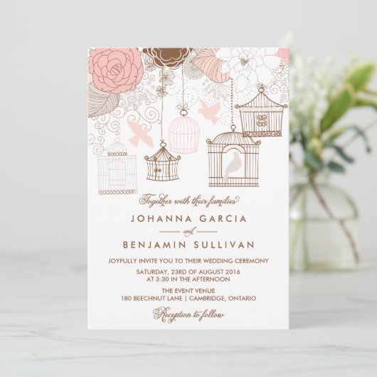 Blush roze Whimsical Birdcages Weddenschap Kaart (Staand voorkant)
