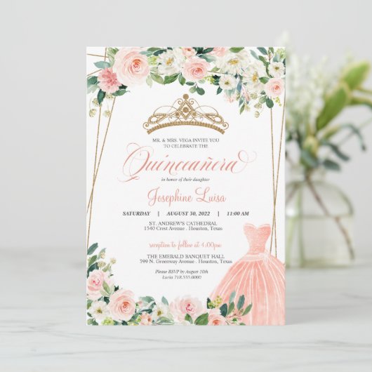 Blush roze & White Floral Quinceañera Celebration Kaart (Staand voorkant)