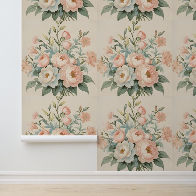 Blush roze & White Roses  Bloemen Verwijderbaar Behang (Applicatie)