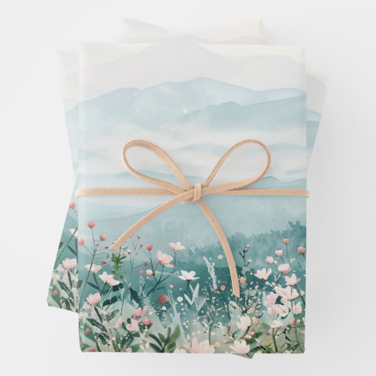 Blush Roze Wildbloemen en bergen Decoupage Inpakpapier Vel (In situ)