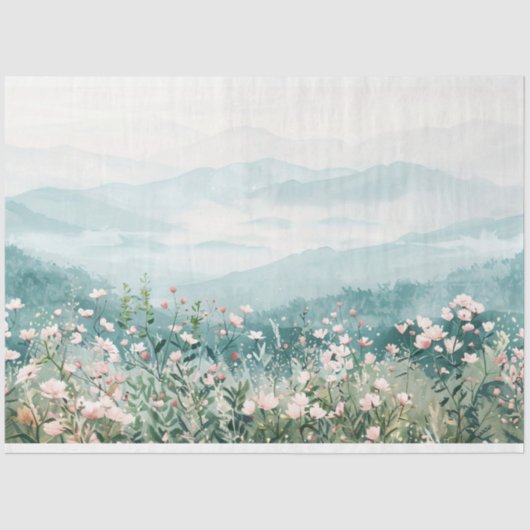 Blush Roze Wildbloemen en bergen Decoupage Tissuepapier (Voorkant)