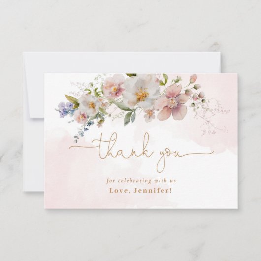 Blush roze wilde bloemen verjaardag dank u kaart (Voorkant)