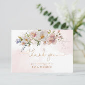 Blush roze wilde bloemen verjaardag dank u kaart (Staand voorkant)