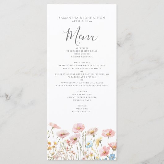 Blush Roze Wildflower Waterverf Wedding Flat Menu (Voorkant)