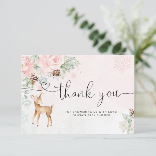 Blush roze winter baby herten dank u kaart (Staand voorkant)