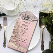 Blush roze winter besneeuwde dennenboom kerstfoto all in one uitnodiging