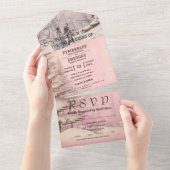 Blush roze winter besneeuwde dennenboom kerstfoto all in one uitnodiging (Afscheurbaar)