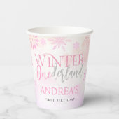 Blush Roze Winter Onederland Eerste Verjaardag Papieren Bekers (Achterkant)