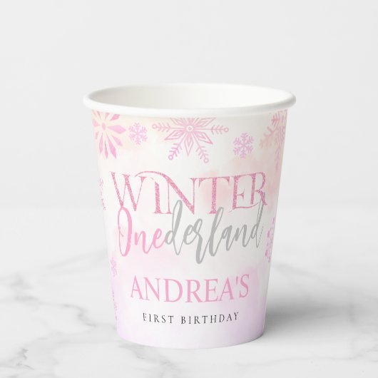 Blush Roze Winter Onederland Eerste Verjaardag Papieren Bekers (Achterkant)